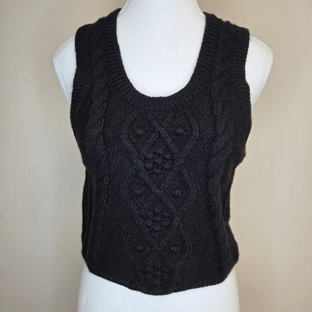 Anthropologie Black Cable Knit Sweater Vest Scoop Neck XXSP Petite Cropped Knit